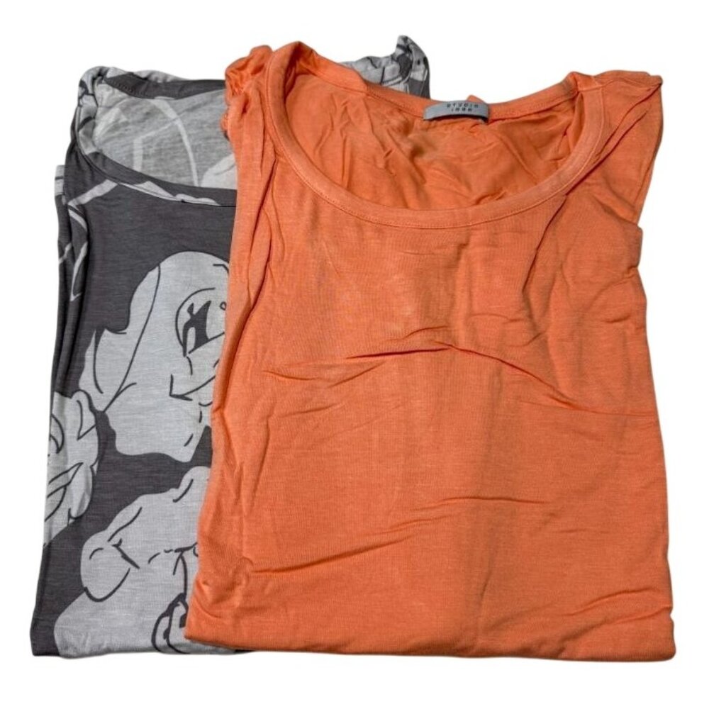 Studio 1886 Womens Ruched Sleeve Orange & Gray Floral Tops Size L (12-14)